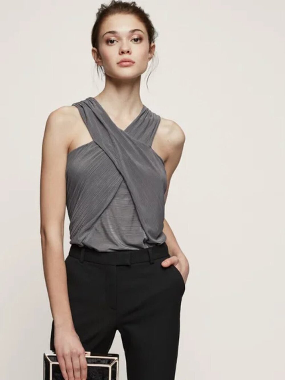 REISS Bea Wrap-Front Top in Grey – Size S (NWT)